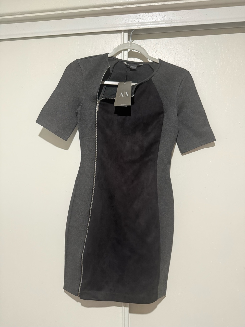 Armani Exchange Gray Dress with Black Center Panel and Asymmetric Zip - XS